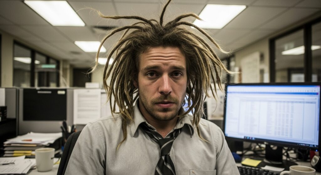 Man with untidy dreadlocks at work desk