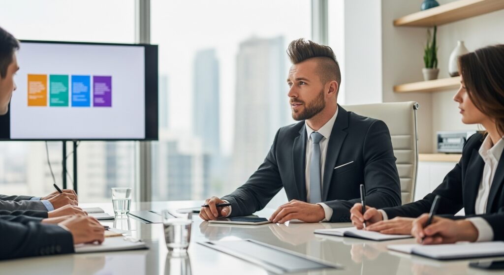 Businessman with mohawk hairstyle during office work.