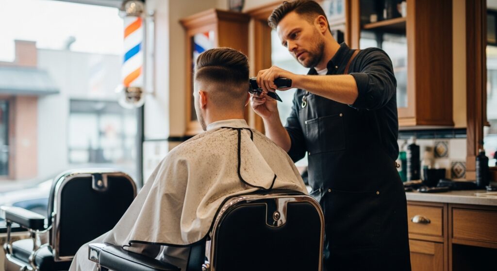 Shooting of a barbershop chair, a person was cutting the hair with clippers with the hair being shaped on top.