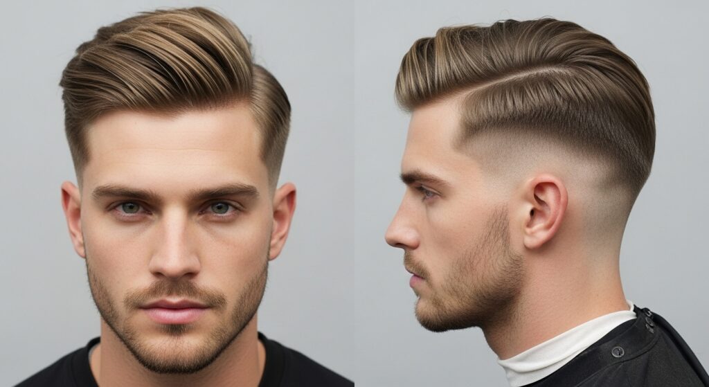 Side part undercut men’s hairstyle front and side angle
