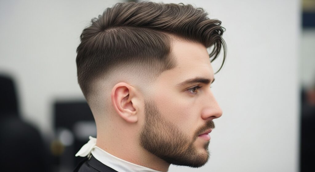 Medium side swept undercut with the clean fade on the sides