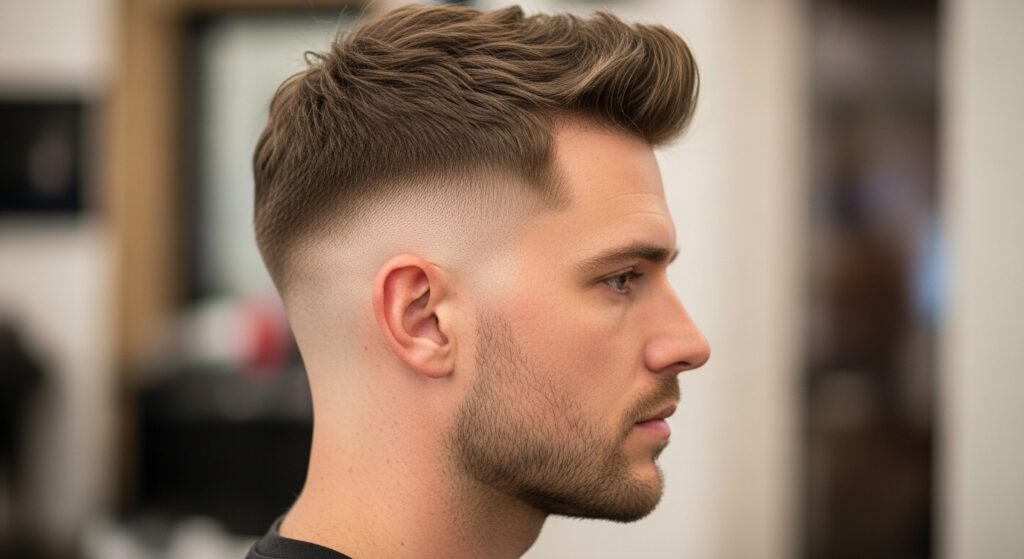 Example of image: Side profile of a man with a textured crop fade haircut
Descriptive text: Textured crop haircut with low fade on sides