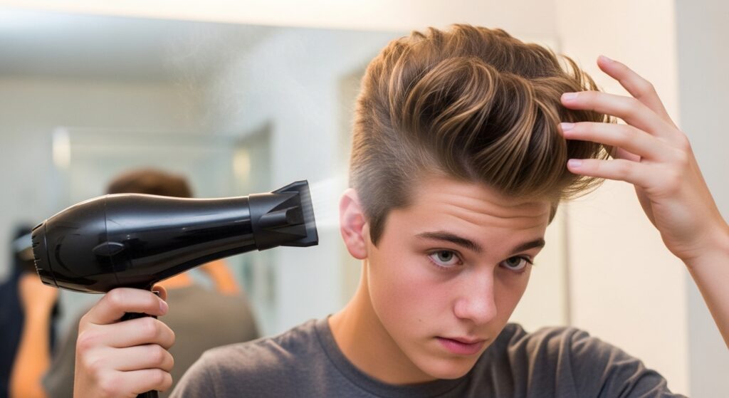 Boy blow drying fluffy ice cream haircut