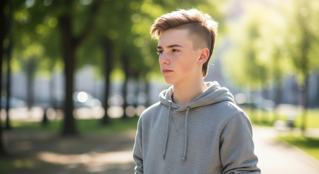 Teenage boy with short taper faux hawk haircut.