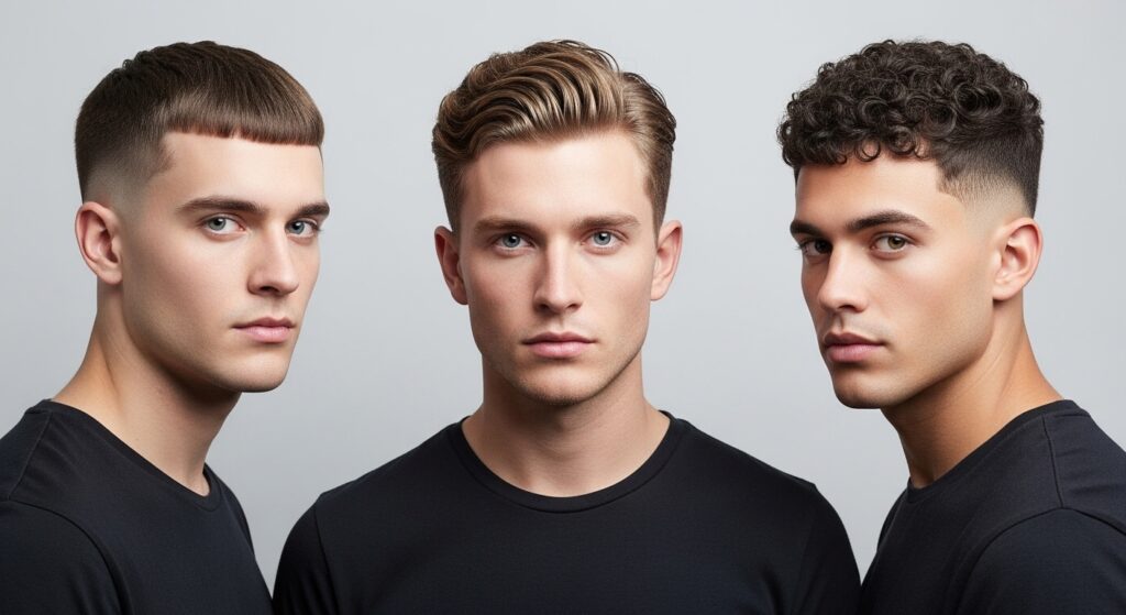 Image idea: Three men with straight, wavy, and curly versions of the crop side by side
Alt tag: Textured crop haircut on straight, wavy, and curly hair types