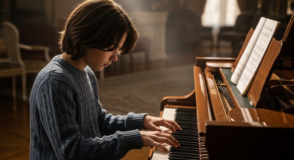 Boy medium hair tapered side haircut playing piano