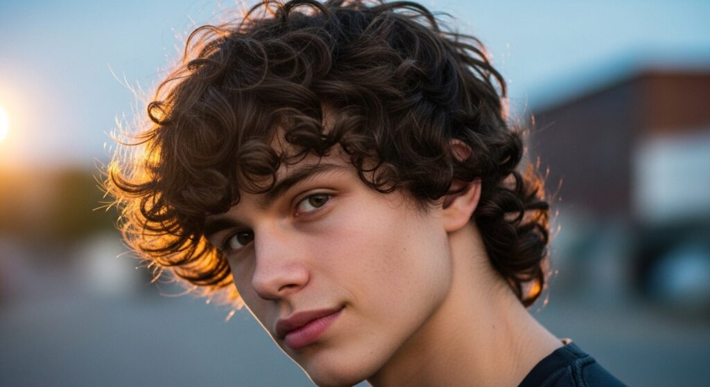 Image idea: Young man with thick curls styled in a wolf cut, slightly messy.
Alt tag: "wolf cut curly hair male layered messy style"