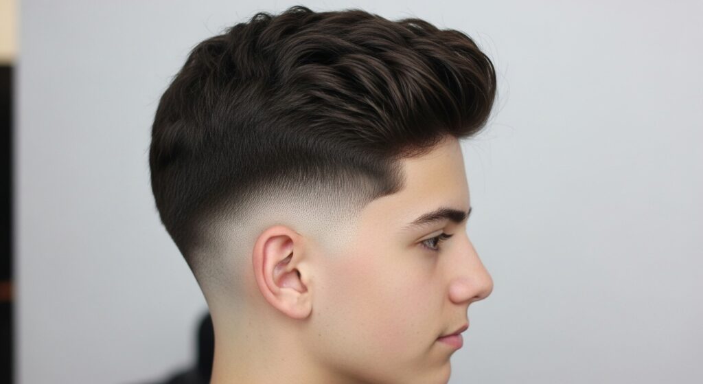 Side profile of boy with cone-shaped ice cream haircut