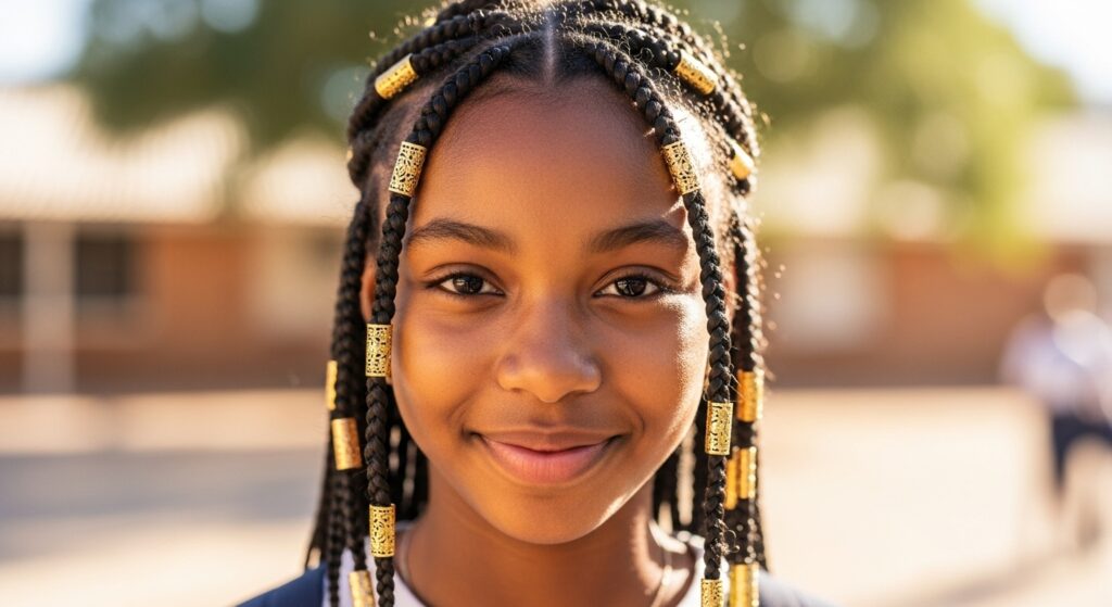 Black girl wearing Fulani braids with accessories.