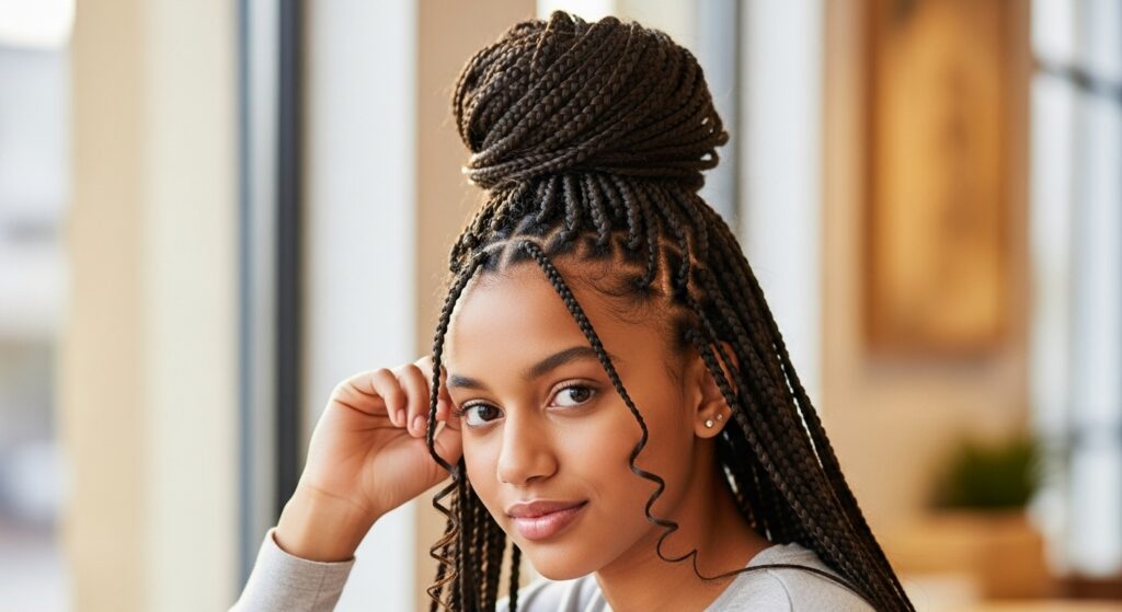 African American teen with knotless braids high up on the head.
