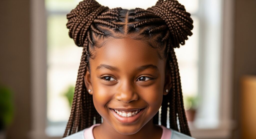 Black girl with knotless box braids styled in space buns.