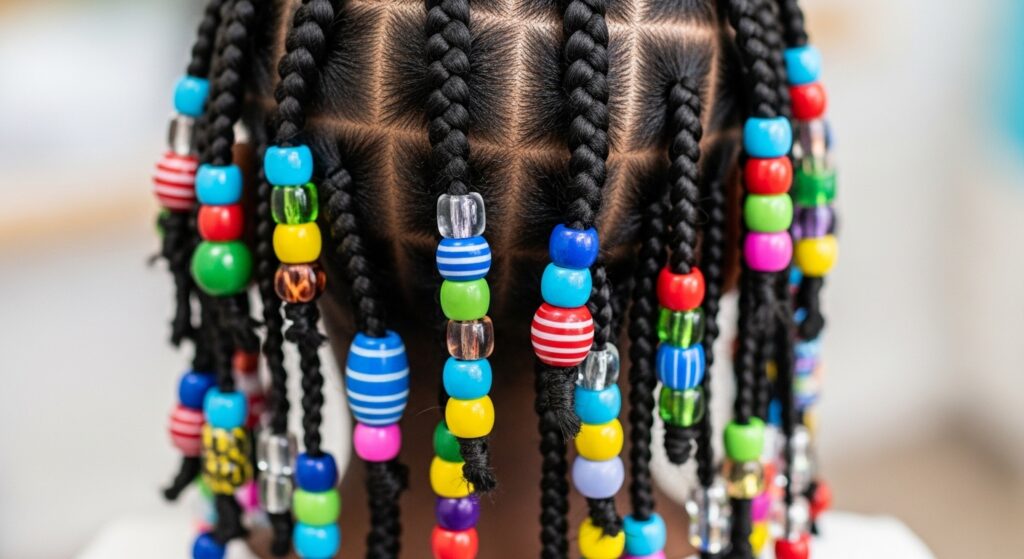 Braided hairstyle with beads on the ends for Black girls.